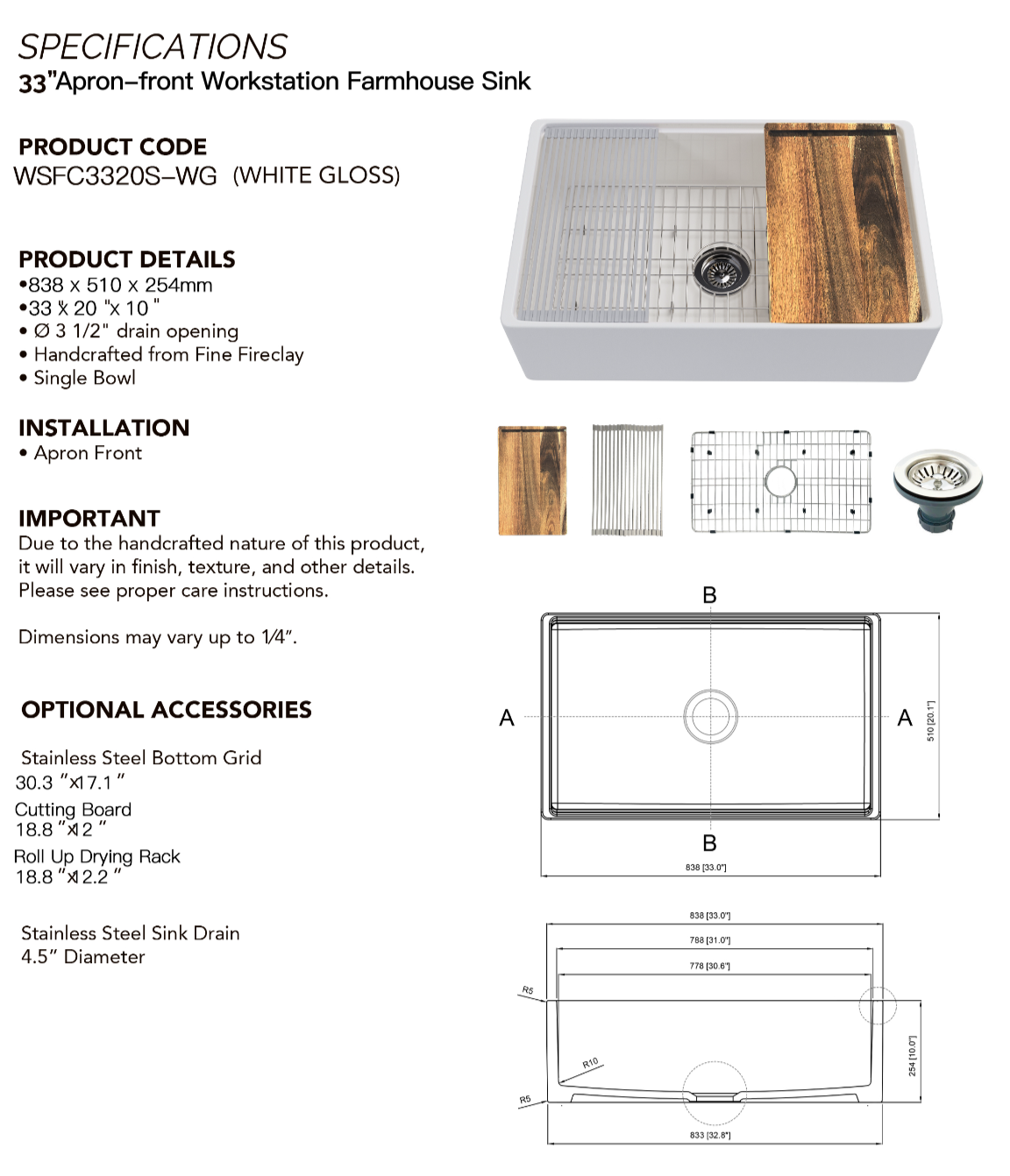 33 Apron-front Workstation Farmhouse Sink in White Porcelain Specs